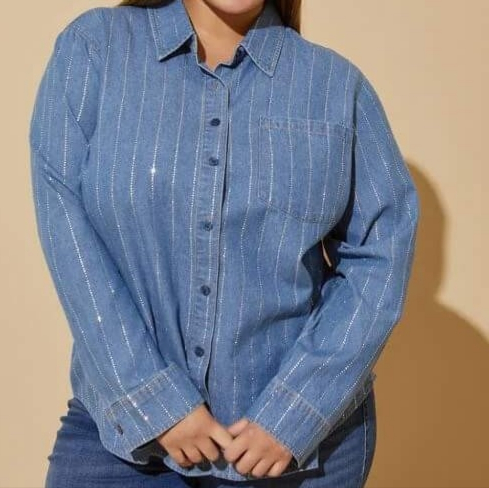 Ashley Stewart Crystal Embellished Denim Shirt - Picture 2 of 6